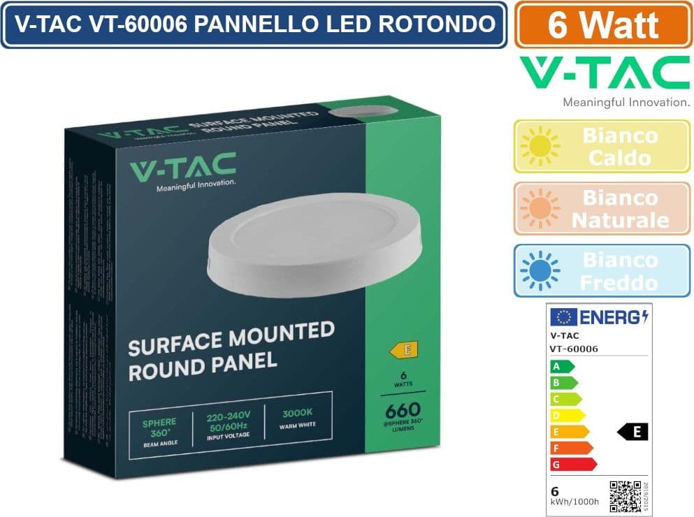 V-TAC VT-60006 PANNELLO LED ROTONDO 6W SMD DA PARETE CON DRIVER - SKU 7870 / 7871 / 7872 - 3