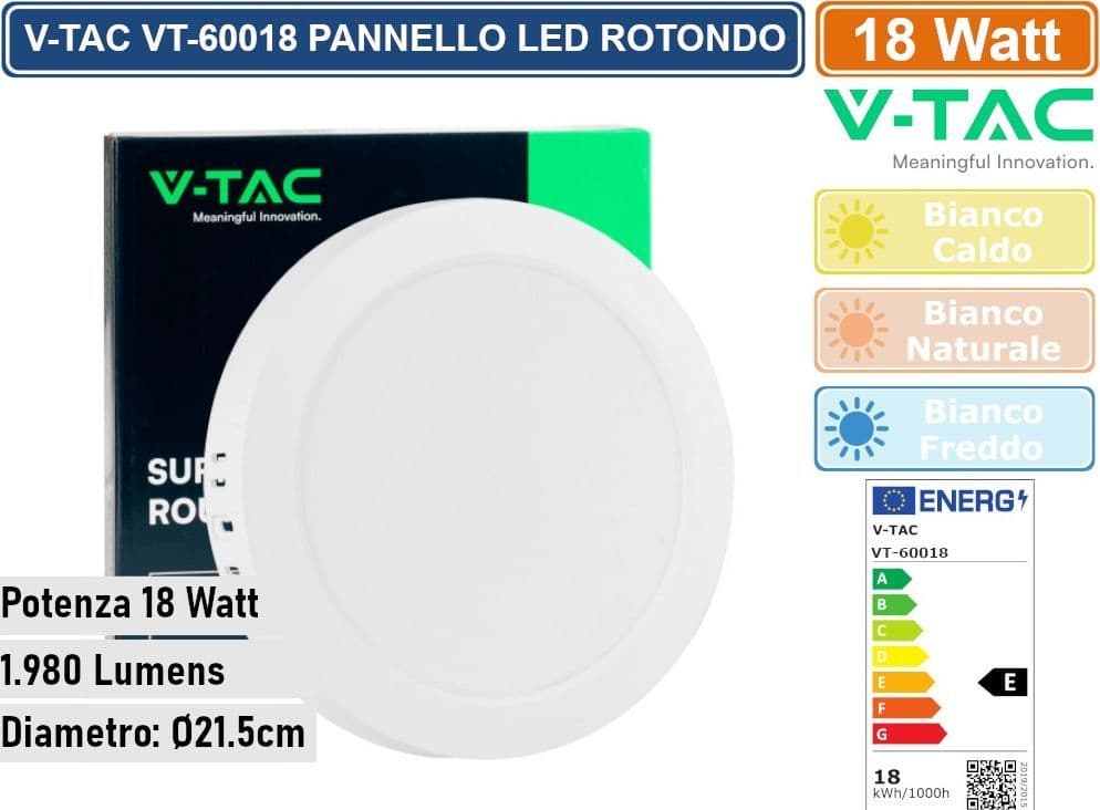 V-TAC VT-60018 PANNELLO LED ROTONDO 18W SMD DA PARETE CON DRIVER - SKU 7876 / 7877 / 7878 - 4