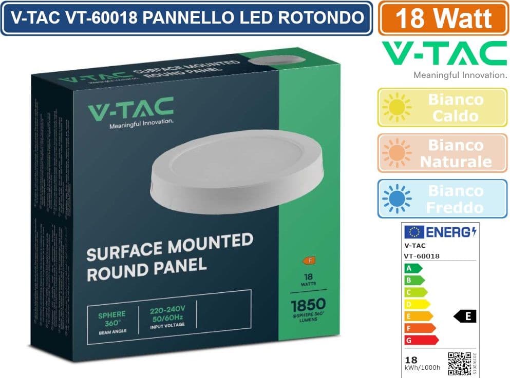 V-TAC VT-60018 PANNELLO LED ROTONDO 18W SMD DA PARETE CON DRIVER - SKU 7876 / 7877 / 7878 - 3
