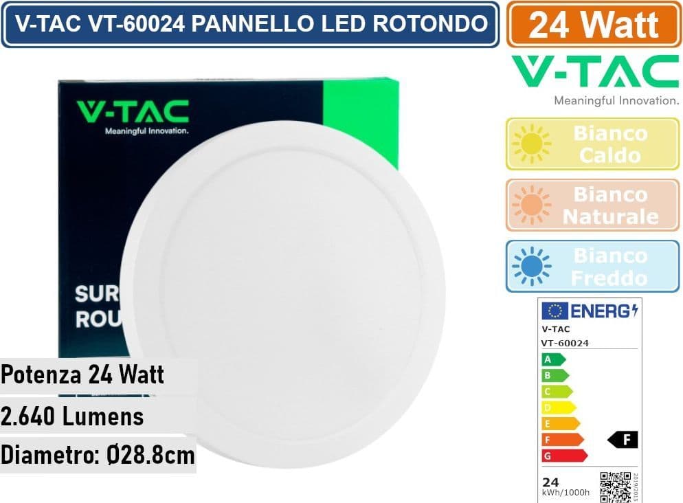 V-TAC VT-60024 PANNELLO LED ROTONDO 24W SMD DA PARETE CON DRIVER - SKU 7879 / 7880 / 7881 - 4