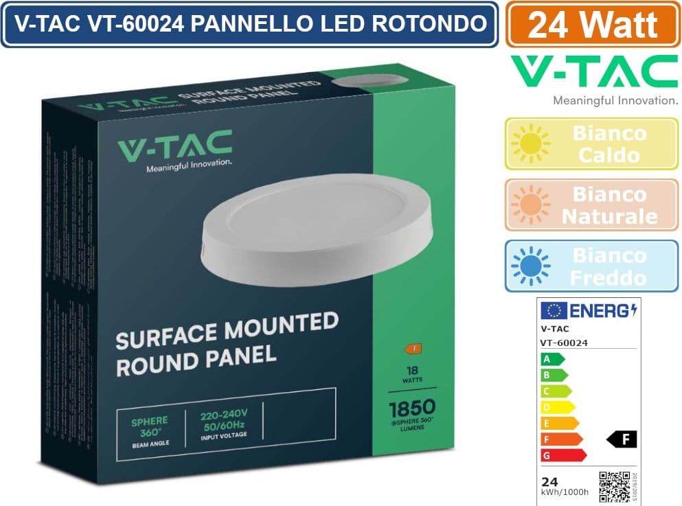 V-TAC VT-60024 PANNELLO LED ROTONDO 24W SMD DA PARETE CON DRIVER - SKU 7879 / 7880 / 7881 - 3