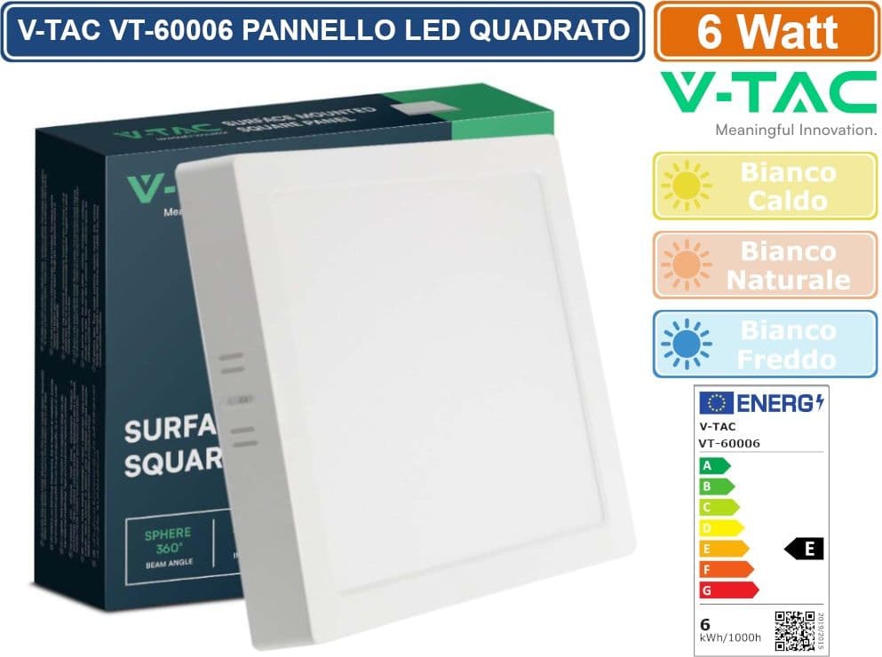V-TAC VT-60006 PANNELLO LED QUADRATO 6W SMD DA PARETE CON DRIVER - SKU 10492 / 10493 / 10494