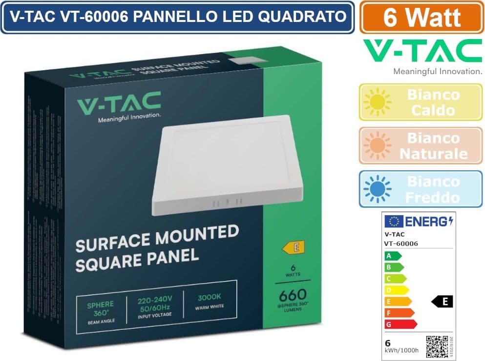V-TAC VT-60006 PANNELLO LED QUADRATO 6W SMD DA PARETE CON DRIVER - SKU 10492 / 10493 / 10494 - 3