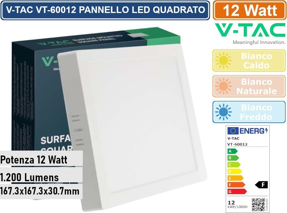 V-TAC VT-60012 PANNELLO LED QUADRATO 12W SMD DA PARETE CON DRIVER - SKU 10495 / 10496 /10497