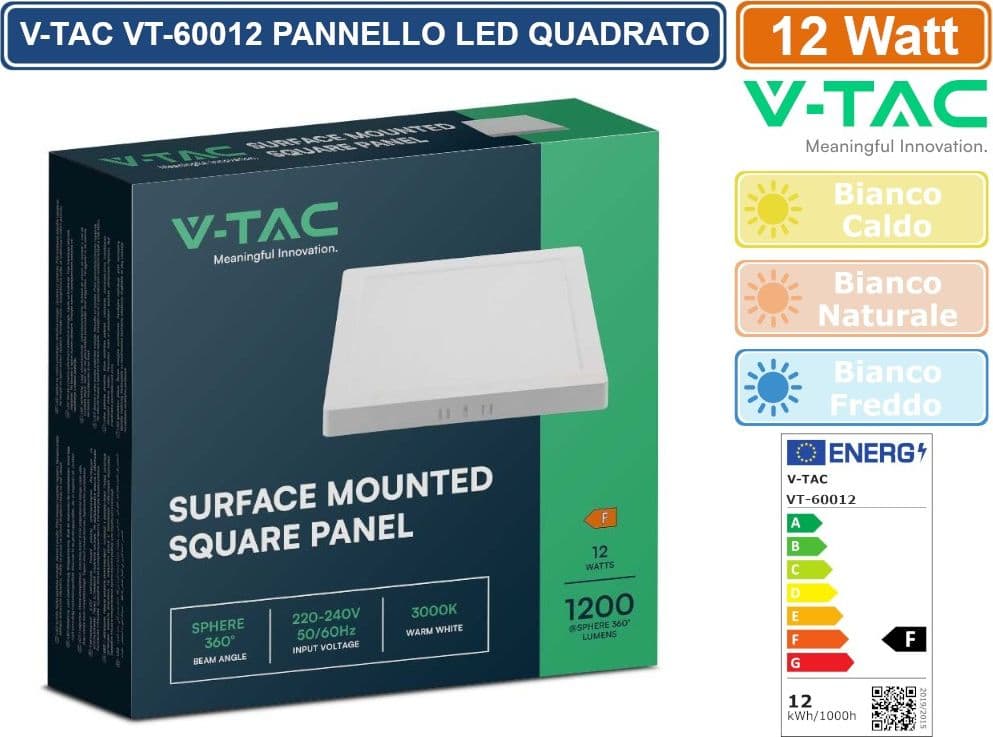 V-TAC VT-60012 PANNELLO LED QUADRATO 12W SMD DA PARETE CON DRIVER - SKU 10495 / 10496 /10497 - 3