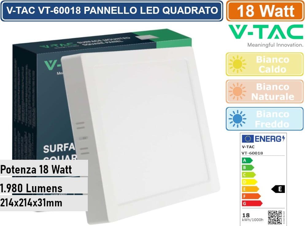 V-TAC VT-60018 PANNELLO LED QUADRATO 18W SMD DA PARETE CON DRIVER - SKU 10498 / 10499 / 10500