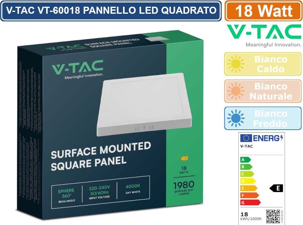 V-TAC VT-60018 PANNELLO LED QUADRATO 18W SMD DA PARETE CON DRIVER - SKU 10498 / 10499 / 10500 - 3