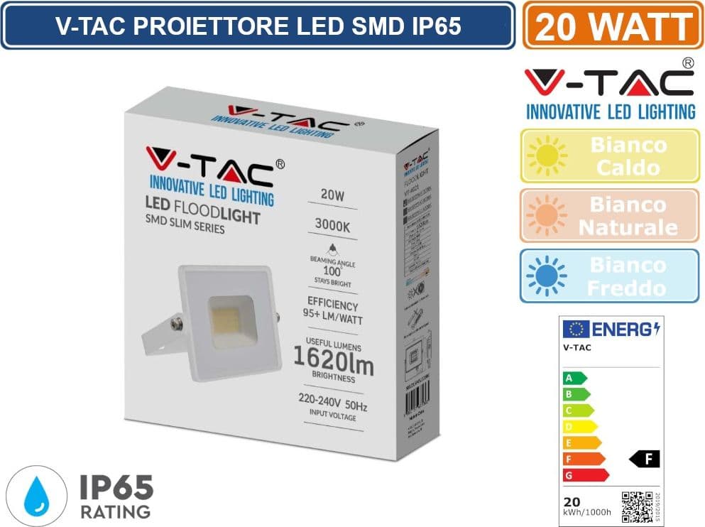 V-TAC VT-4021 FARO LED FLOODLIGHT 20W SMD SLIM IP65 BIANCO - SKU 215949 / 215950 / 215951 - 2