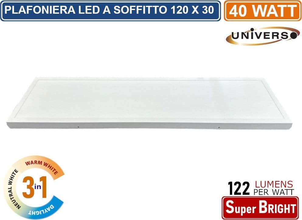 UNIVERSO LP120-40W-3C PLAFONIERA SMD LED RETTANGOLARE 120x30 40W CCT 3000K - 4000K - 6500K - 2