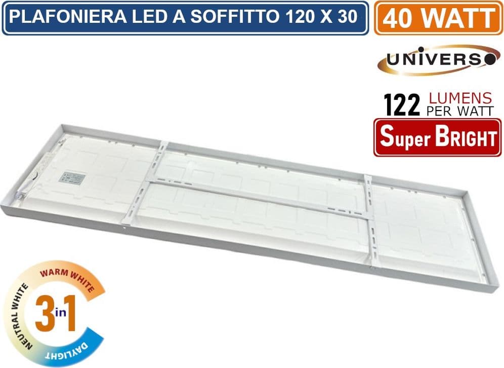 UNIVERSO LP120-40W-3C PLAFONIERA SMD LED RETTANGOLARE 120x30 40W CCT 3000K - 4000K - 6500K - 3