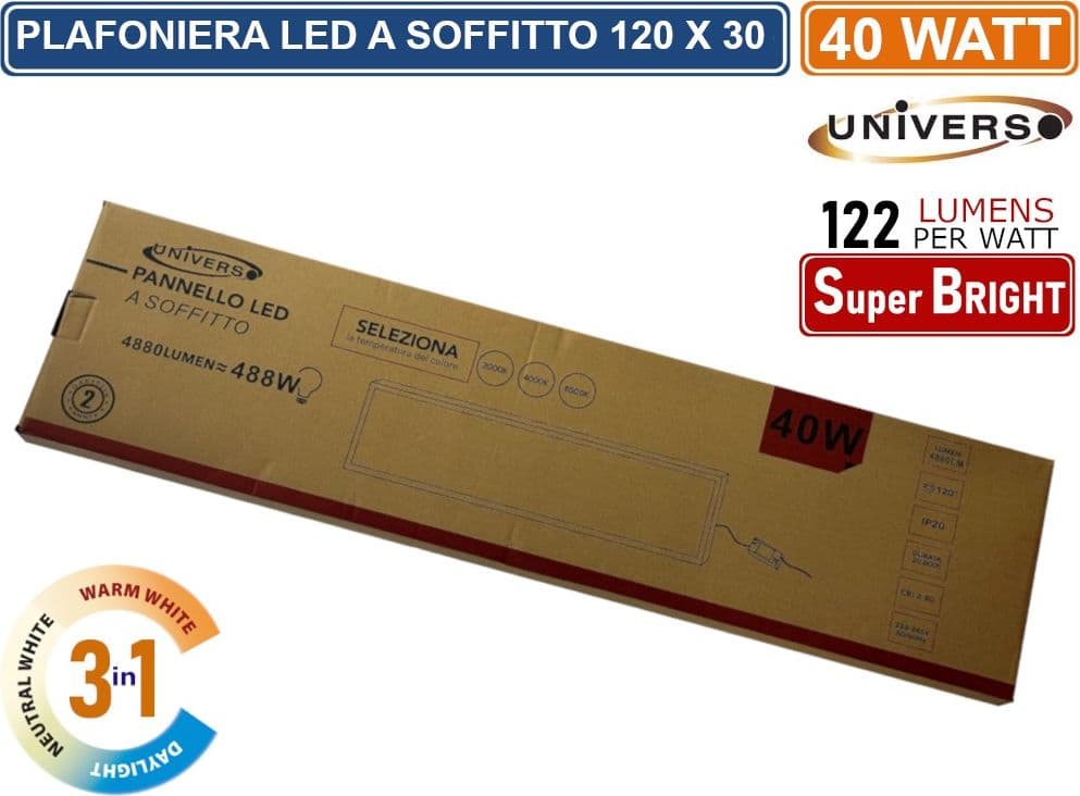 UNIVERSO LP120-40W-3C PLAFONIERA SMD LED RETTANGOLARE 120x30 40W CCT 3000K - 4000K - 6500K - 5