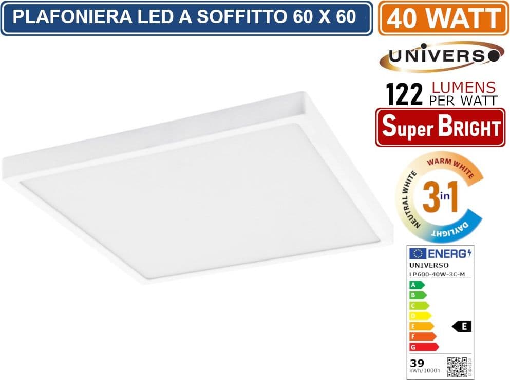 UNIVERSO LP600-40W-3C PLAFONIERA SMD LED QUADRATA 60x60 40W CCT 3000K - 4000K - 6500K - 2