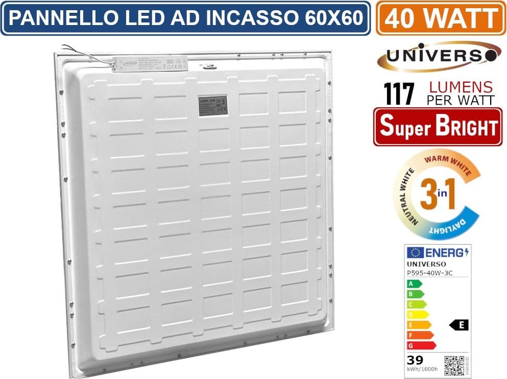 UNIVERSO P595-40W-3C PANNELLO SMD LED SLIM QUADRATO 60x60 40W CCT 3000K - 4000K - 6500K - 2
