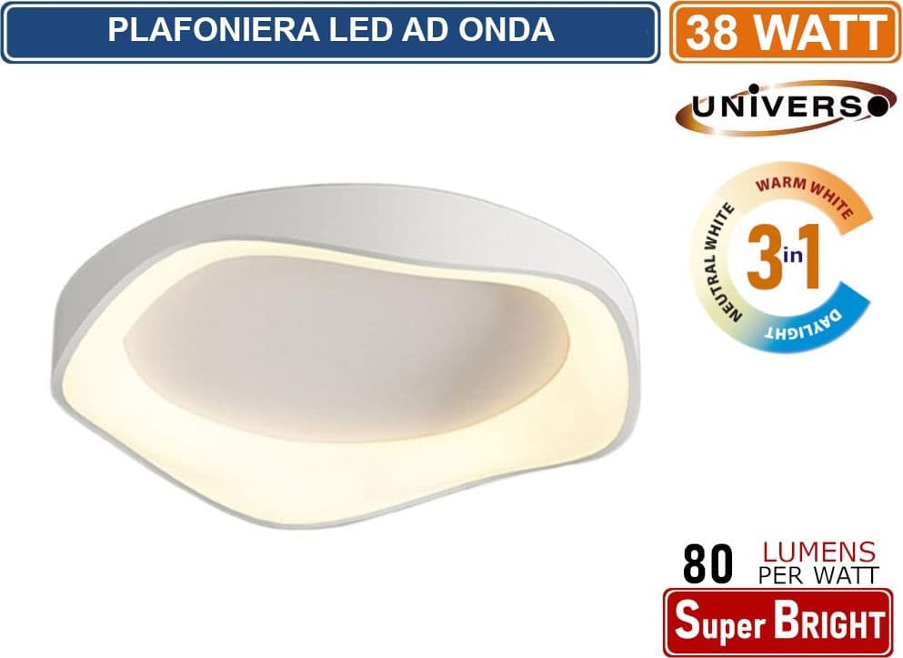PLAFONIERA LED A ONDA BIANCO MOTAGGIO A SOFFITTO 38W COLORAZIONE LUCE 3IN1 CCT 3000K - 4000K - 6500K