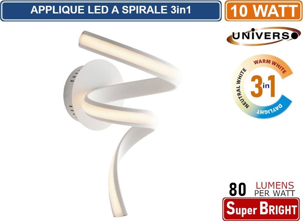 APPLIQUE LAMPADA LED A SPIRALE MOTAGGIO A PARETE 10W COLORAZIONE LUCE 3IN1 CCT 3000K - 4000K - 6500K