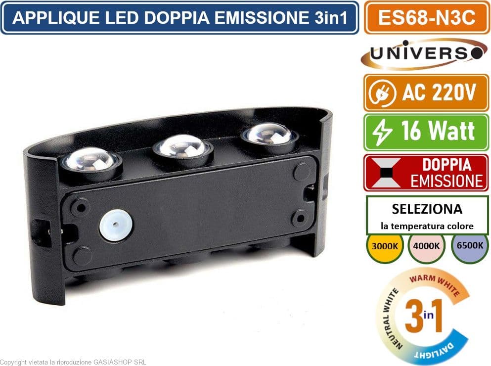 APPLIQUE LAMPADA LED DA MURO NERA DOPPIA EMISSIONE LUMINOSA 16W WALL LIGHT NERA CON 6 LED SMD IP65 - 2