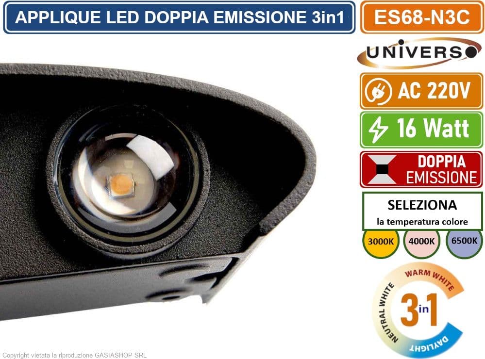 APPLIQUE LAMPADA LED DA MURO NERA DOPPIA EMISSIONE LUMINOSA 16W WALL LIGHT NERA CON 6 LED SMD IP65 - 3