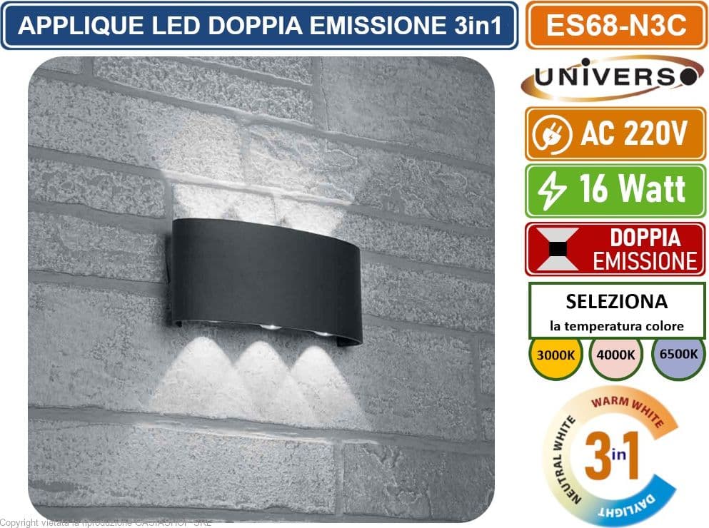 APPLIQUE LAMPADA LED DA MURO NERA DOPPIA EMISSIONE LUMINOSA 16W WALL LIGHT NERA CON 6 LED SMD IP65 - 4