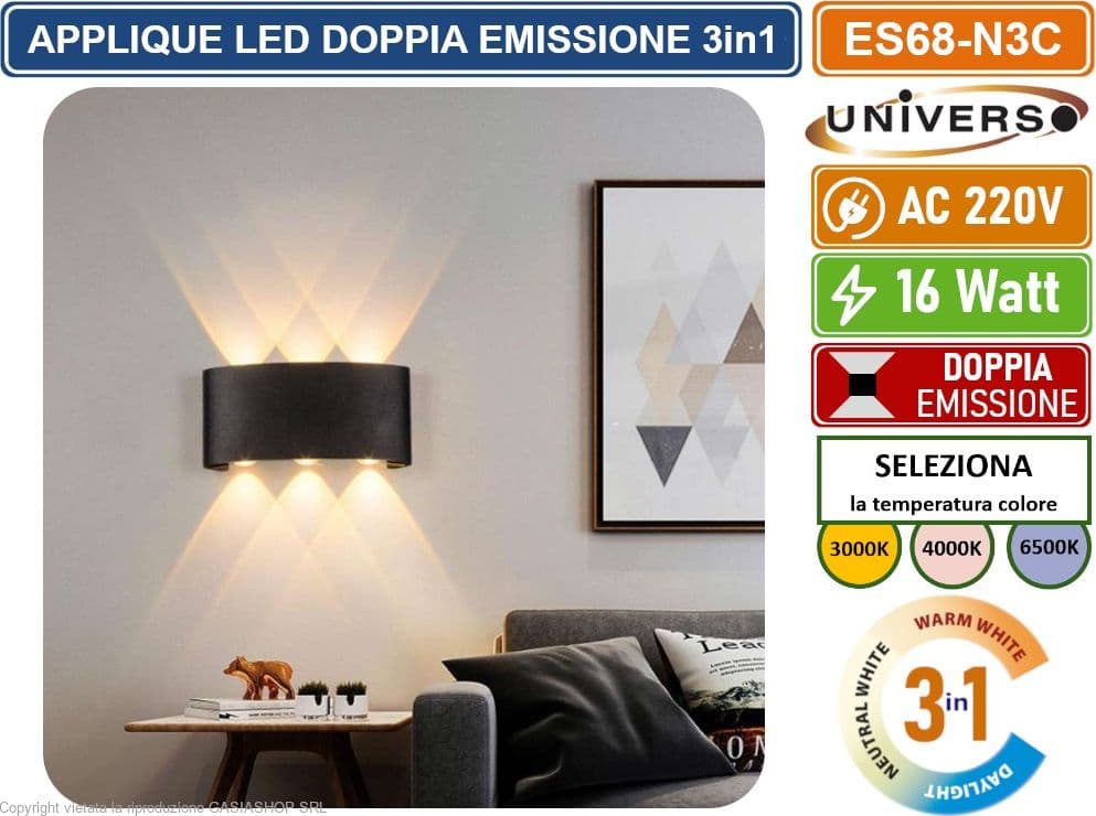 APPLIQUE LAMPADA LED DA MURO NERA DOPPIA EMISSIONE LUMINOSA 16W WALL LIGHT NERA CON 6 LED SMD IP65 - 5