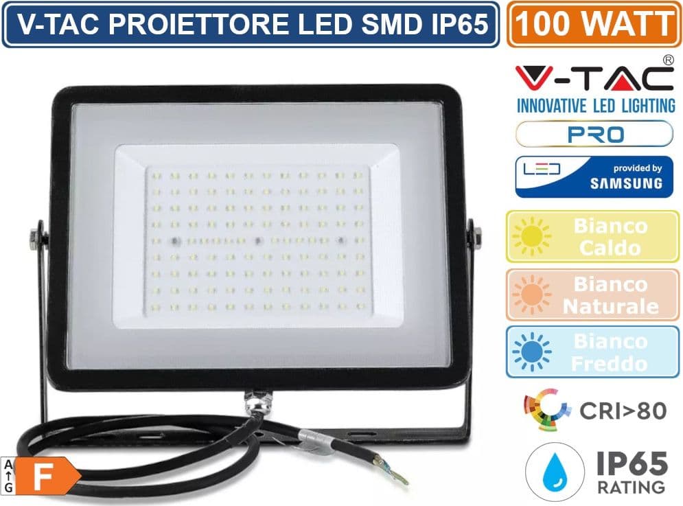 V-TAC PRO VT-100 FARO LED FLOODLIGHT 100W SMD SLIM IP65 CHIP SAMSUNG NERO - SKU 21412 / 21413 / 21414 - 2