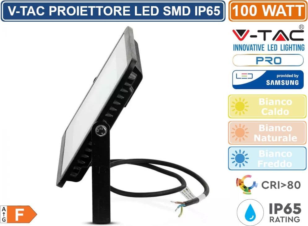 V-TAC PRO VT-100 FARO LED FLOODLIGHT 100W SMD SLIM IP65 CHIP SAMSUNG NERO - SKU 21412 / 21413 / 21414 - 3