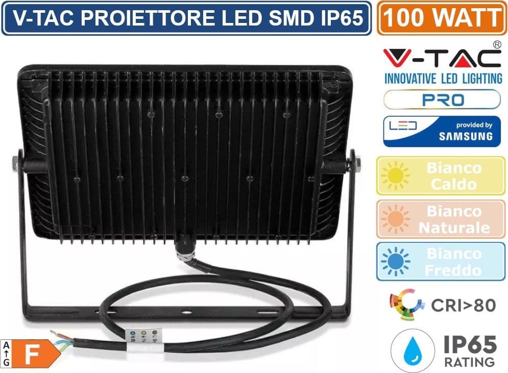 V-TAC PRO VT-100 FARO LED FLOODLIGHT 100W SMD SLIM IP65 CHIP SAMSUNG NERO - SKU 21412 / 21413 / 21414 - 4
