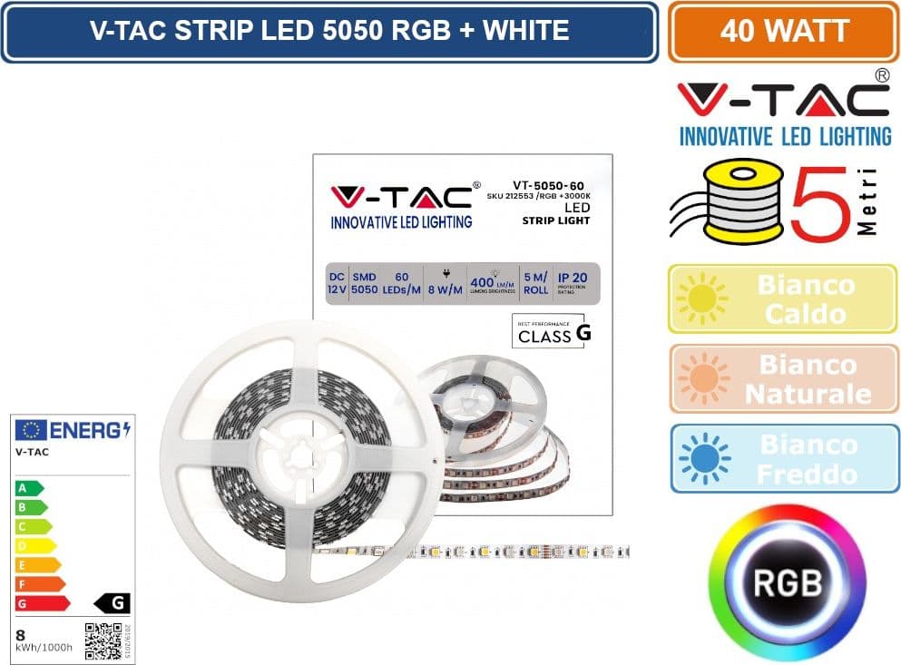 V-TAC STRISCIA LED 5050 MULTICOLORE RGB+W 60 LED/METRO - BOBINA DA 5 METRI - SKU 212553 / 212552 / 212159