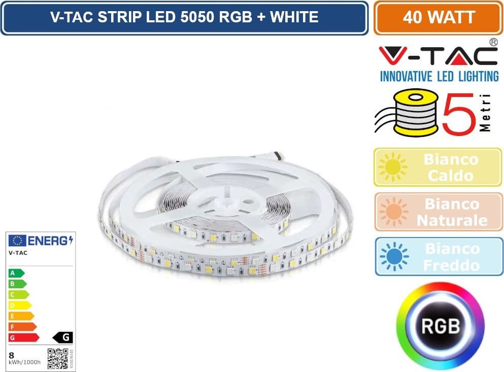V-TAC STRISCIA LED 5050 MULTICOLORE RGB+W 60 LED/METRO - BOBINA DA 5 METRI - SKU 212553 / 212552 / 212159 - 2
