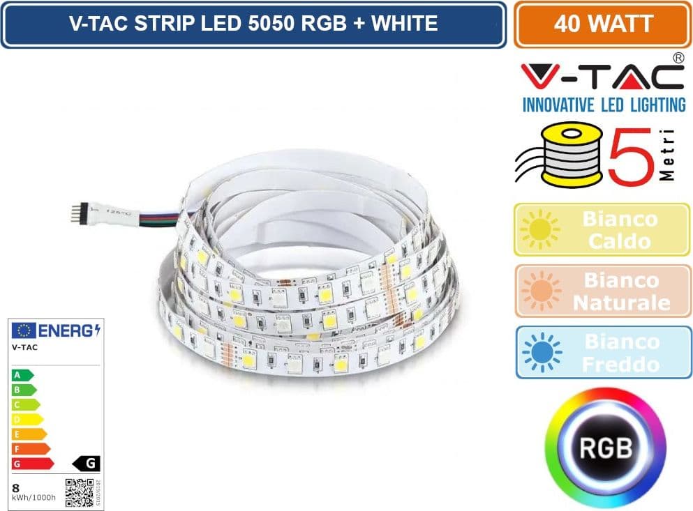 V-TAC STRISCIA LED 5050 MULTICOLORE RGB+W 60 LED/METRO - BOBINA DA 5 METRI - SKU 212553 / 212552 / 212159 - 3