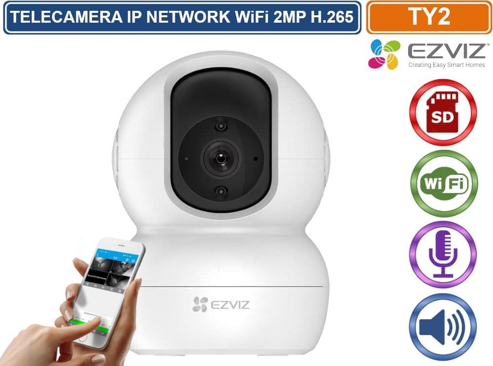 EZVIZ TY2 TELECAMERA IP NETWORK MOTORIZZATA WiFi 2.4 GHz DA INTERNO 2MP REGISTRA SU SD AUDIO BIDIREZIONALE
