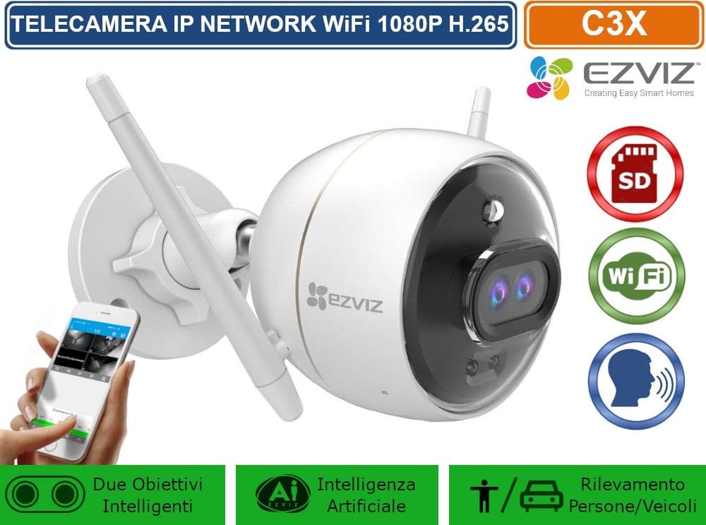 EZVIZ C3X TELECAMERA IP NETWORK WiFi 1080P INTELLIGENZA ARTIFICIALE VISIONE NOTTURNA A COLORI AUDIO BIDIREZIONALE REGISTRA SU SD CARD IP67