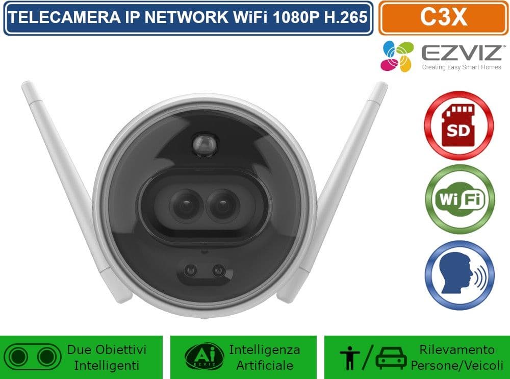 EZVIZ C3X TELECAMERA IP NETWORK WiFi 1080P INTELLIGENZA ARTIFICIALE VISIONE NOTTURNA A COLORI AUDIO BIDIREZIONALE REGISTRA SU SD CARD IP67 - 2
