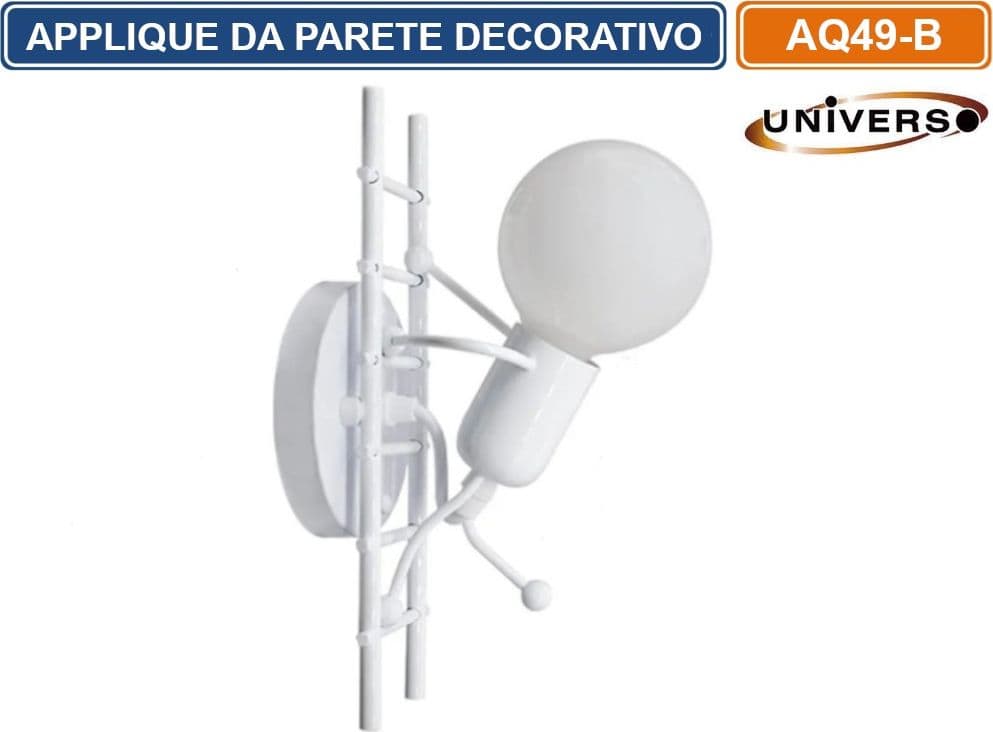 APPLIQUE LAMPADA DA PARETE DECORATIVA IN METALLO CON ATTACCO E27 FORMA OMINO SU SCALA BIANCA - NERA - 2
