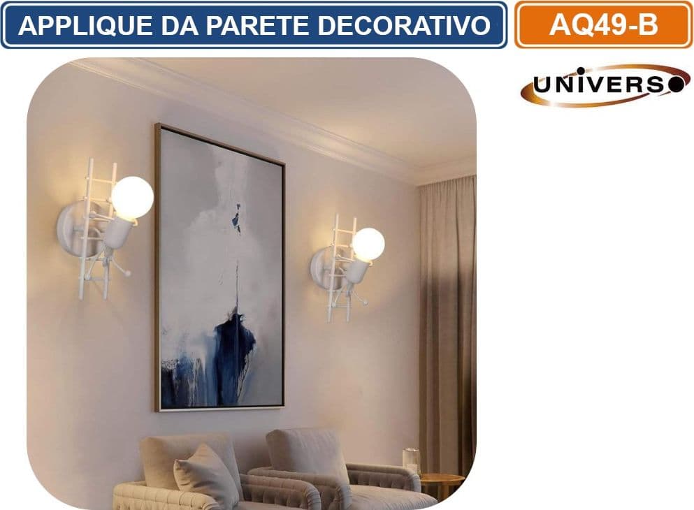 APPLIQUE LAMPADA DA PARETE DECORATIVA IN METALLO CON ATTACCO E27 FORMA OMINO SU SCALA BIANCA - NERA - 3