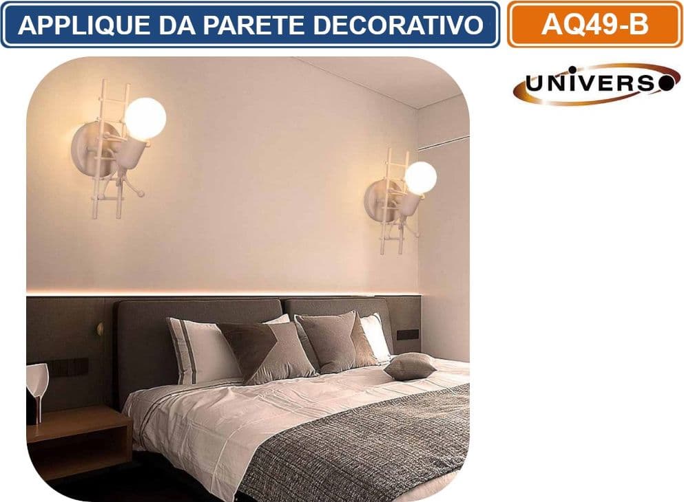 APPLIQUE LAMPADA DA PARETE DECORATIVA IN METALLO CON ATTACCO E27 FORMA OMINO SU SCALA BIANCA - NERA - 4