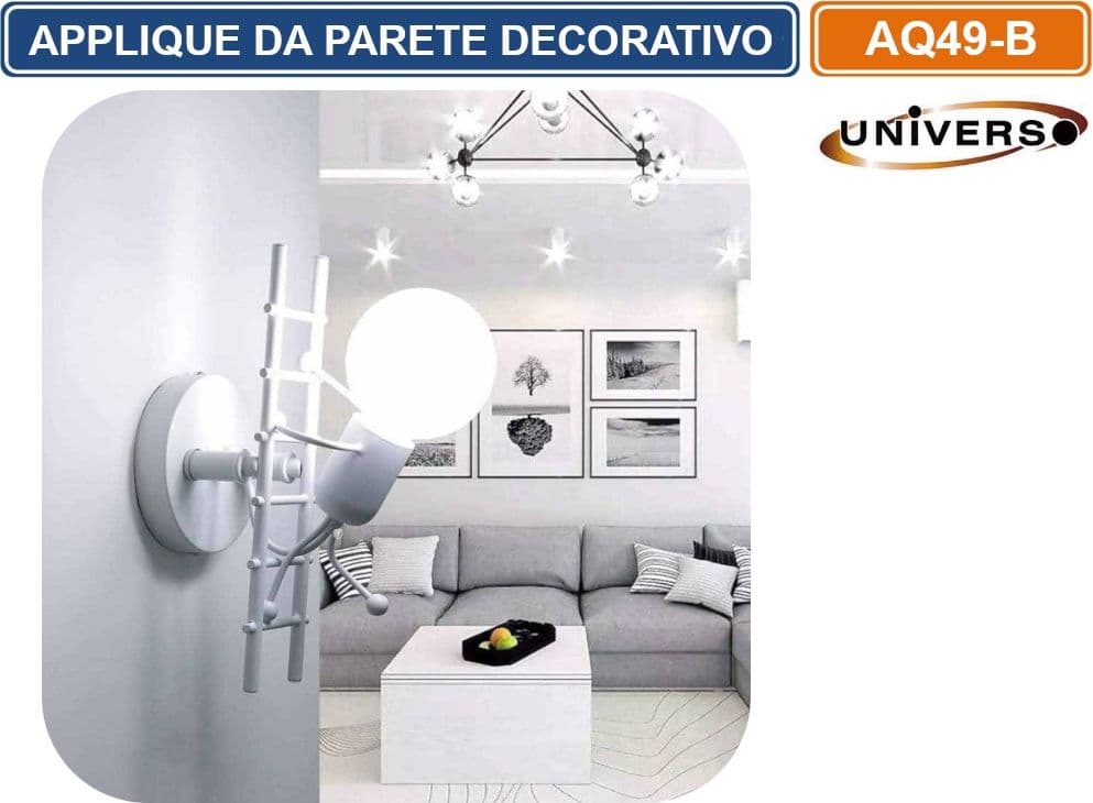 APPLIQUE LAMPADA DA PARETE DECORATIVA IN METALLO CON ATTACCO E27 FORMA OMINO SU SCALA BIANCA - NERA - 5