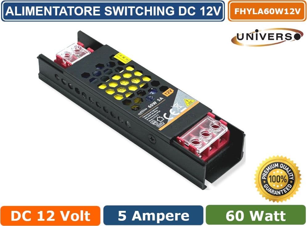 ALIMENTATORE SLIM METALLICO STABILIZZATO SWITCHING TRIMMER 220V DC12V 5A 60 WATT COLORE NERO