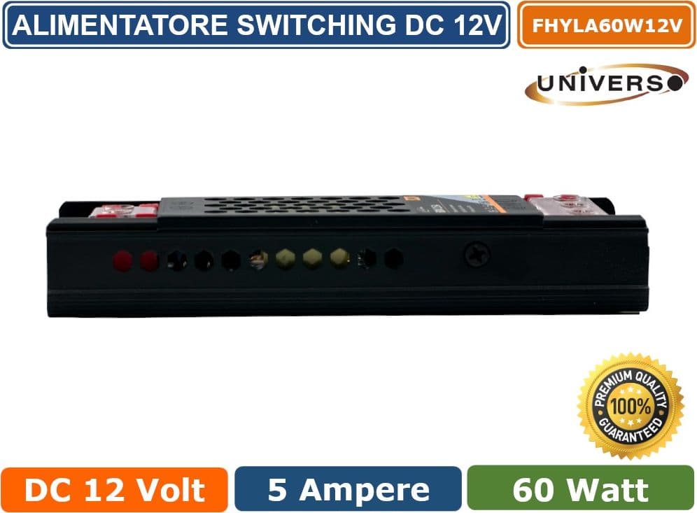 ALIMENTATORE SLIM METALLICO STABILIZZATO SWITCHING TRIMMER 220V DC12V 5A 60 WATT COLORE NERO - 2