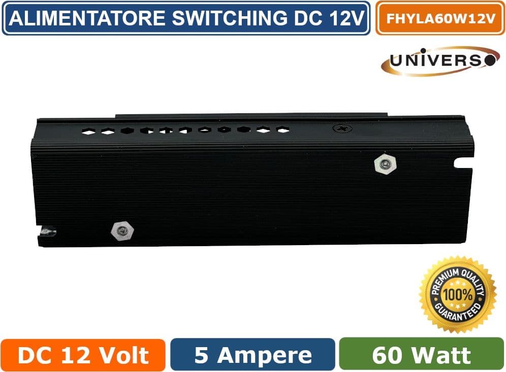 ALIMENTATORE SLIM METALLICO STABILIZZATO SWITCHING TRIMMER 220V DC12V 5A 60 WATT COLORE NERO - 3