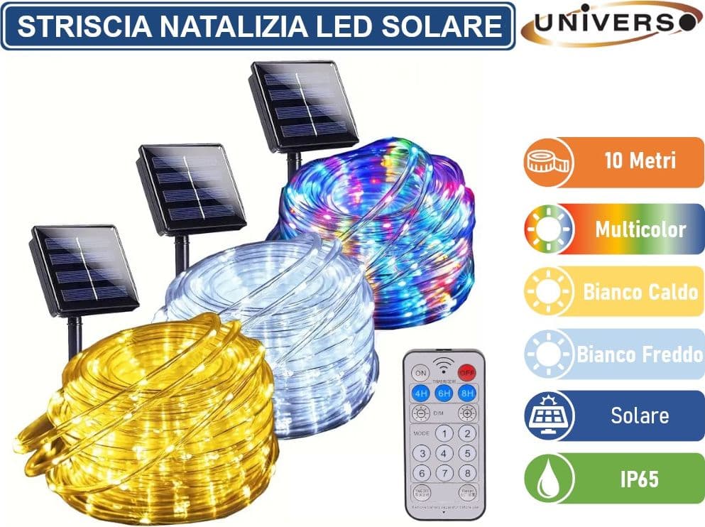 STRISCIA NATALIZIA LED DA ESTERNO CON PANNELLO SOLARE E TELECOMANDO - BOBINA DA 10 METRI CON COLORE LUCE 3000K 6500K RGB IP65