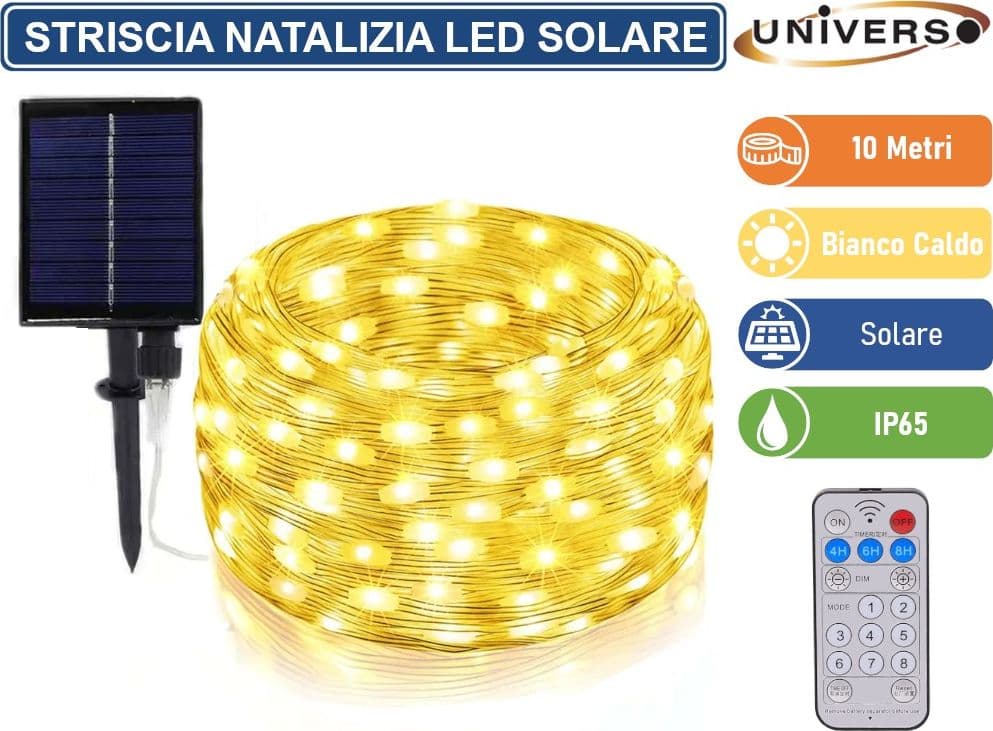 STRISCIA NATALIZIA LED DA ESTERNO CON PANNELLO SOLARE E TELECOMANDO - BOBINA DA 10 METRI CON COLORE LUCE 3000K 6500K RGB IP65 - 2