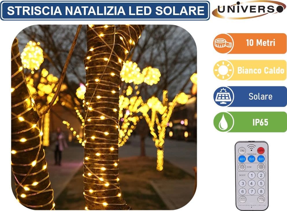 STRISCIA NATALIZIA LED DA ESTERNO CON PANNELLO SOLARE E TELECOMANDO - BOBINA DA 10 METRI CON COLORE LUCE 3000K 6500K RGB IP65 - 4