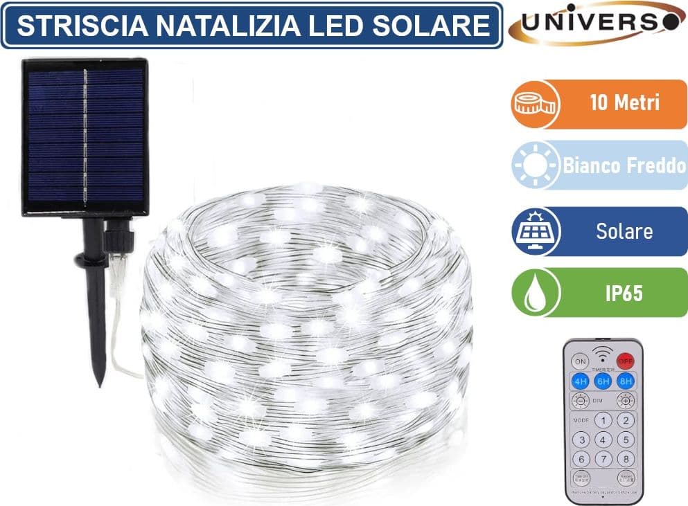 STRISCIA NATALIZIA LED DA ESTERNO CON PANNELLO SOLARE E TELECOMANDO - BOBINA DA 10 METRI CON COLORE LUCE 3000K 6500K RGB IP65 - 5