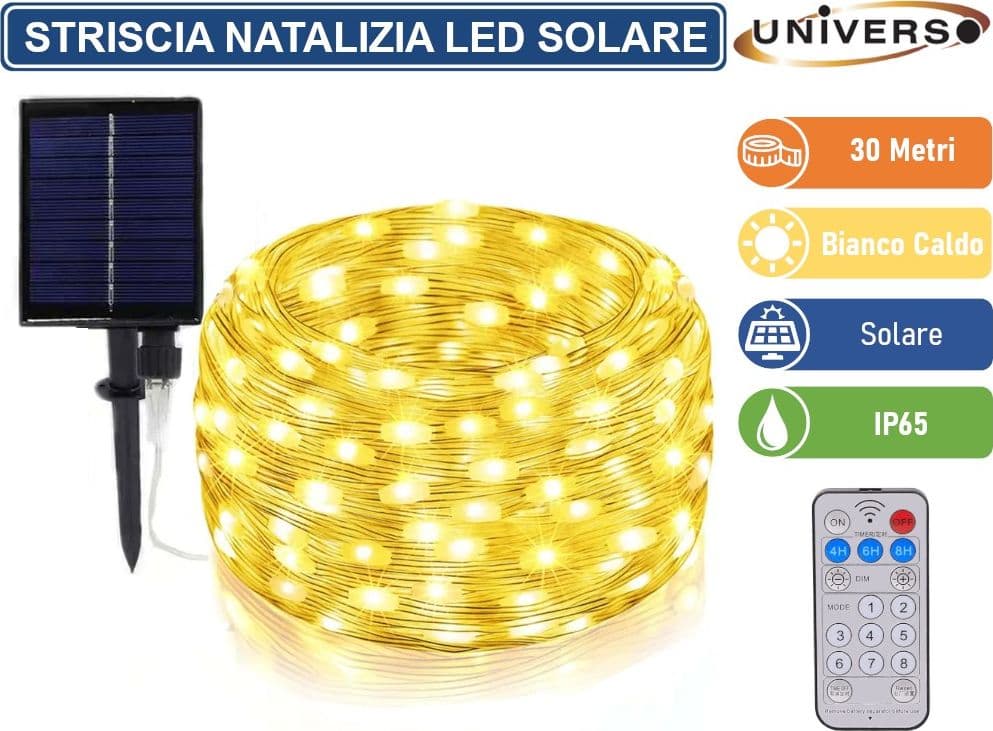 STRISCIA NATALIZIA LED DA ESTERNO CON PANNELLO SOLARE E TELECOMANDO - BOBINA DA 30 METRI CON COLORE LUCE 3000K 6500K RGB IP65 - 2