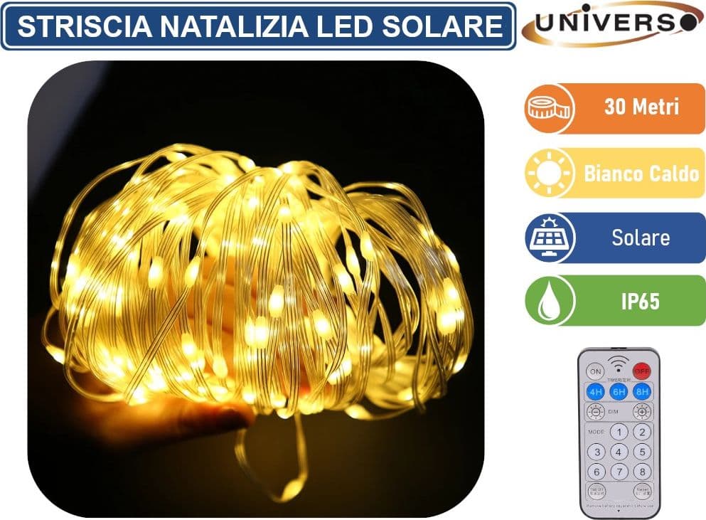 STRISCIA NATALIZIA LED DA ESTERNO CON PANNELLO SOLARE E TELECOMANDO - BOBINA DA 30 METRI CON COLORE LUCE 3000K 6500K RGB IP65 - 3