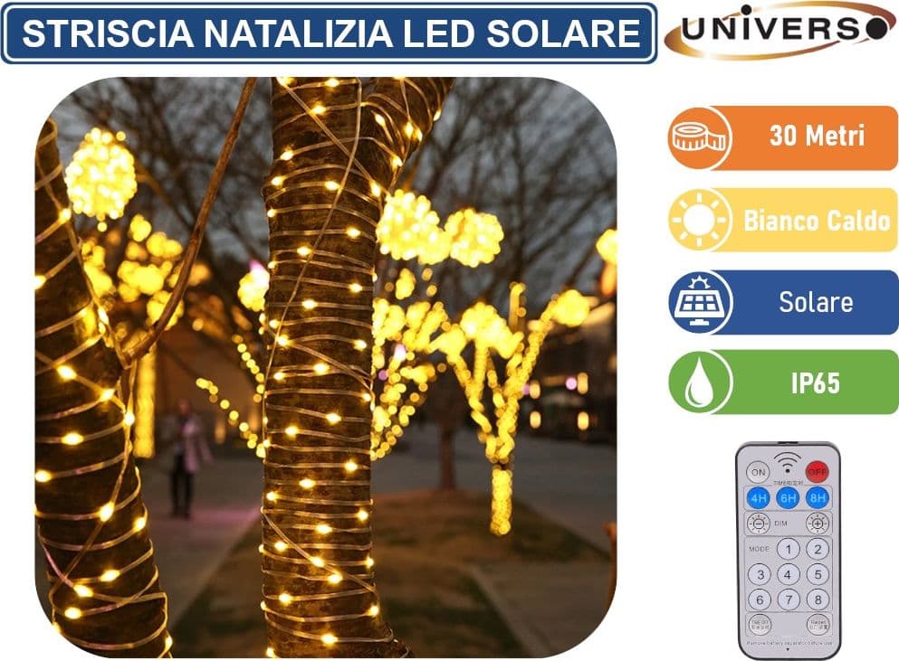 STRISCIA NATALIZIA LED DA ESTERNO CON PANNELLO SOLARE E TELECOMANDO - BOBINA DA 30 METRI CON COLORE LUCE 3000K 6500K RGB IP65 - 4