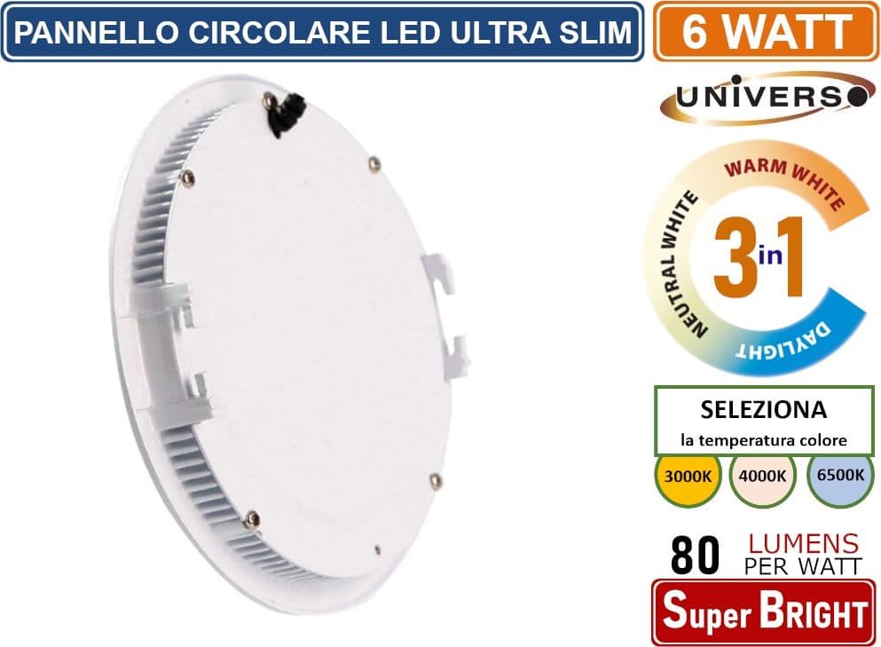 PANNELLO SMD LED ROTONDO DA INCASSO 6W CON DRIVER 480 LUMEN CCT 3000K - 4000K - 6500K SELEZIONABILE - 2