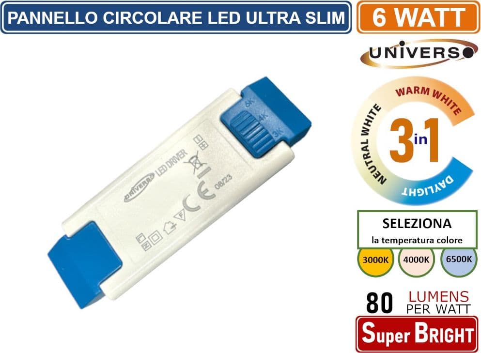 PANNELLO SMD LED ROTONDO DA INCASSO 6W CON DRIVER 480 LUMEN CCT 3000K - 4000K - 6500K SELEZIONABILE - 3