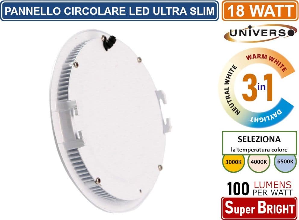 PANNELLO SMD LED ROTONDO DA INCASSO 18W CON DRIVER 1800 LUMEN CCT 3000K - 4000K - 6500K SELEZIONABILE - 2