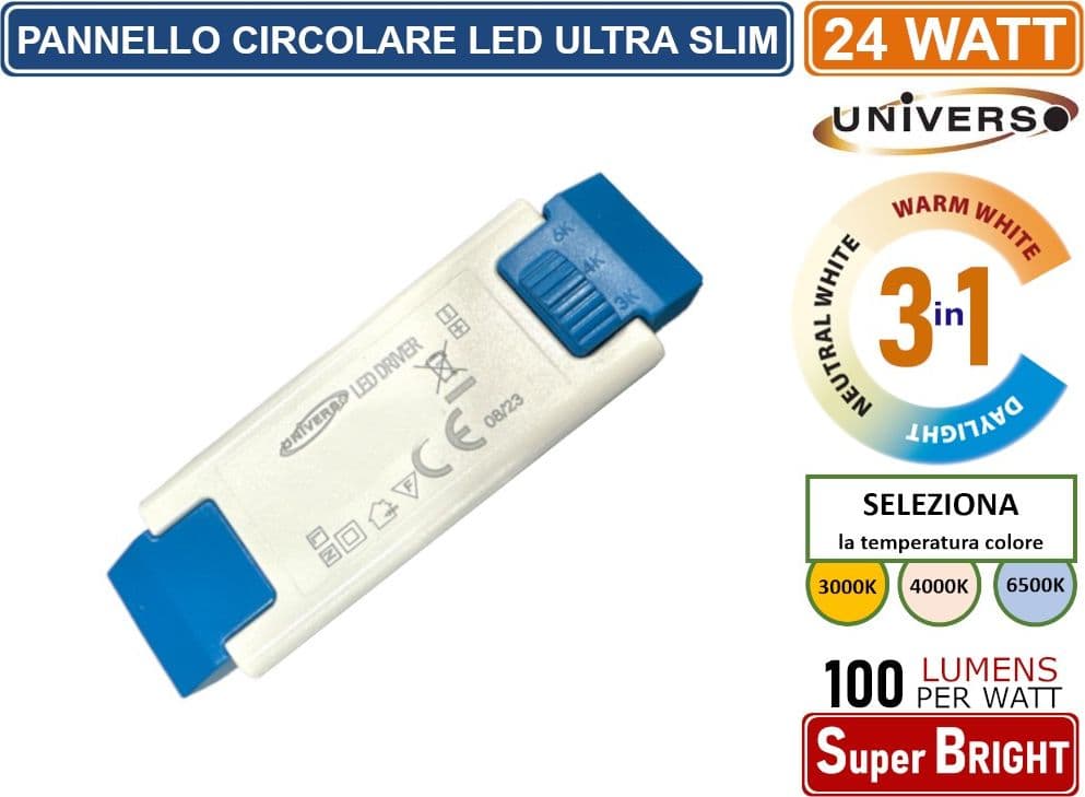PANNELLO SMD LED ROTONDO DA INCASSO 24W CON DRIVER 2400 LUMEN CCT 3000K - 4000K - 6500K SELEZIONABILE - 3